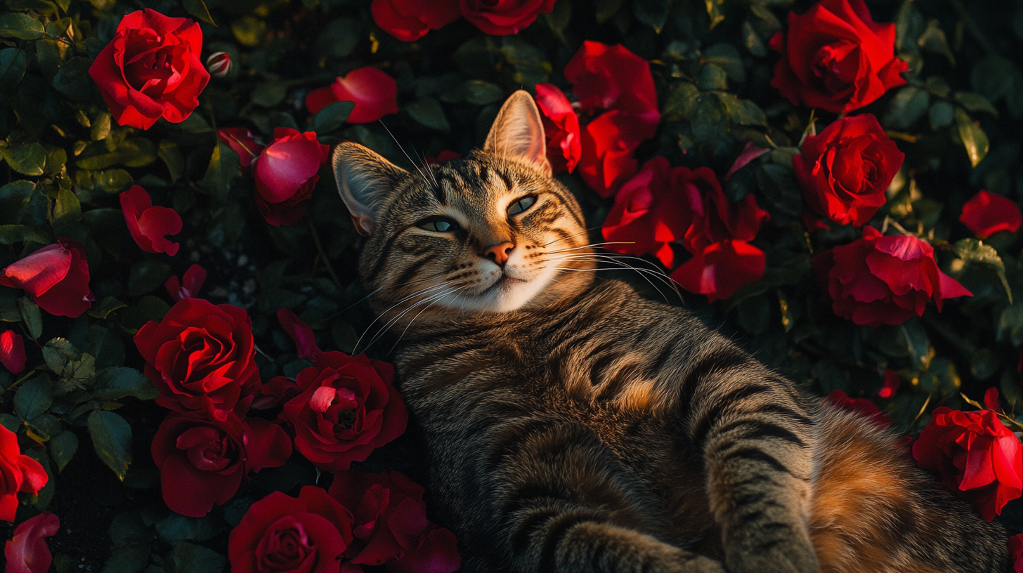 Cat napping on roses in messy garden.