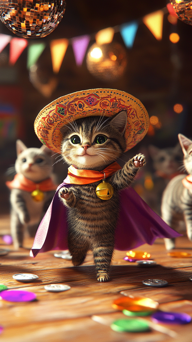 Cat party with sombrero, disco ball, streamers.