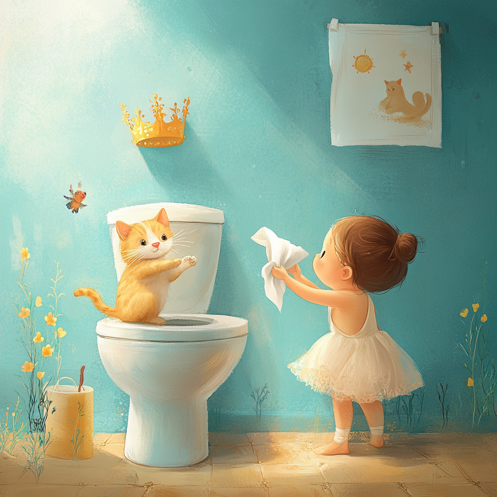 Cat queen throwing tissues into elegant toilet.