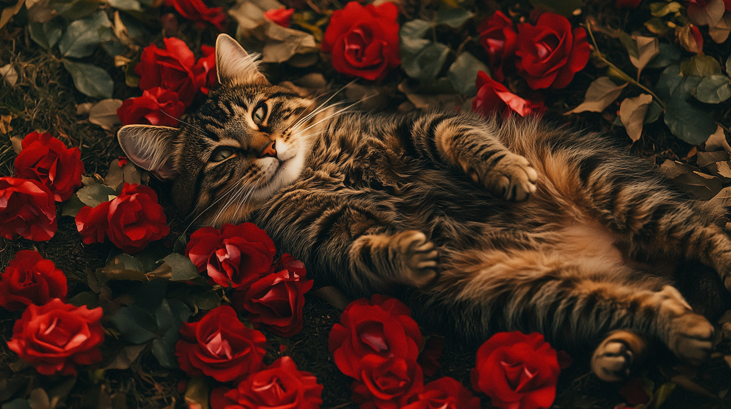 Cat resting on Roses, forming heart. Aerial photo.