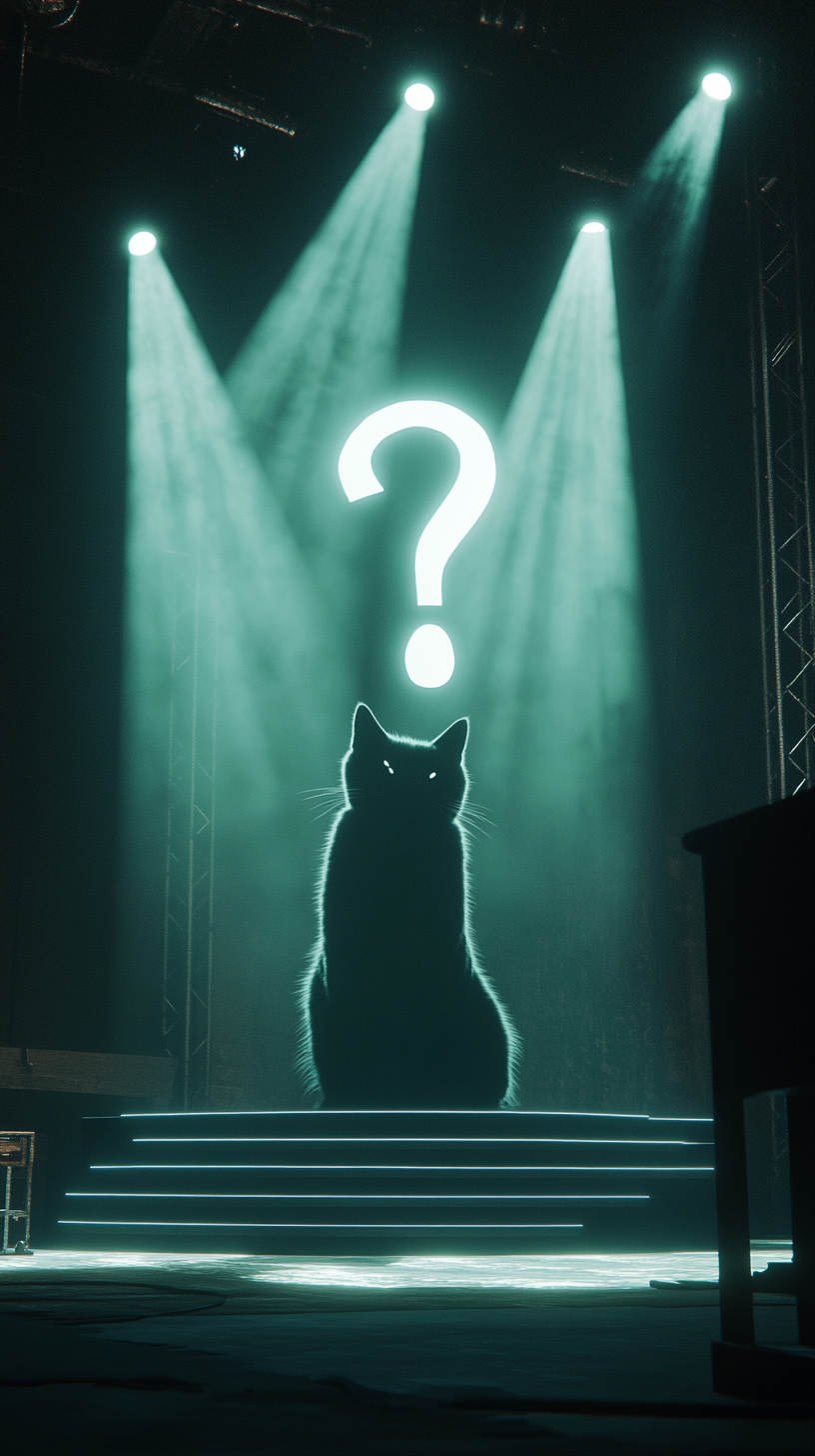 Cat shadow dominates stage with glowing question mark mystery.