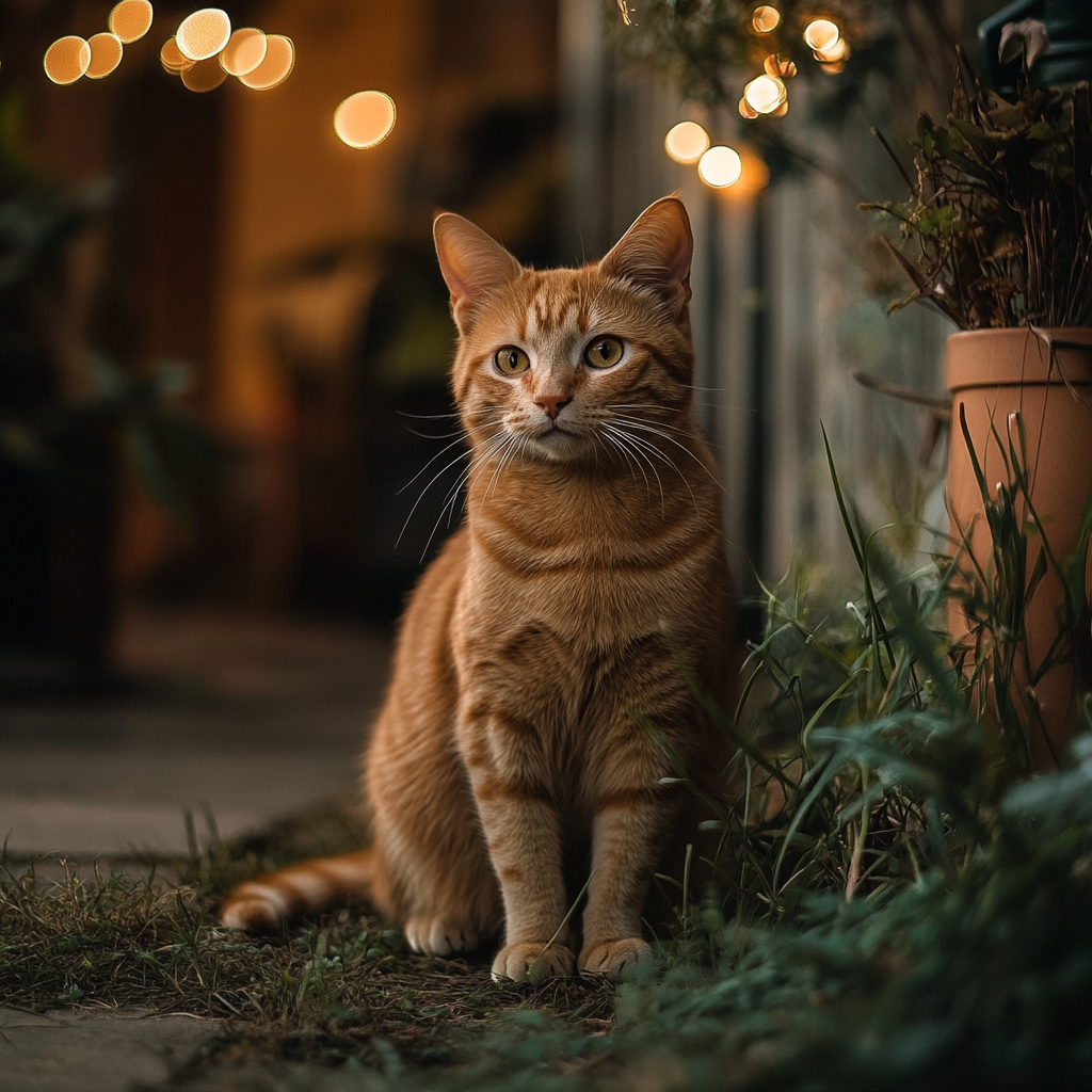 Cat sitting in front of home decor, plants. Portrait photography, soft lighting.