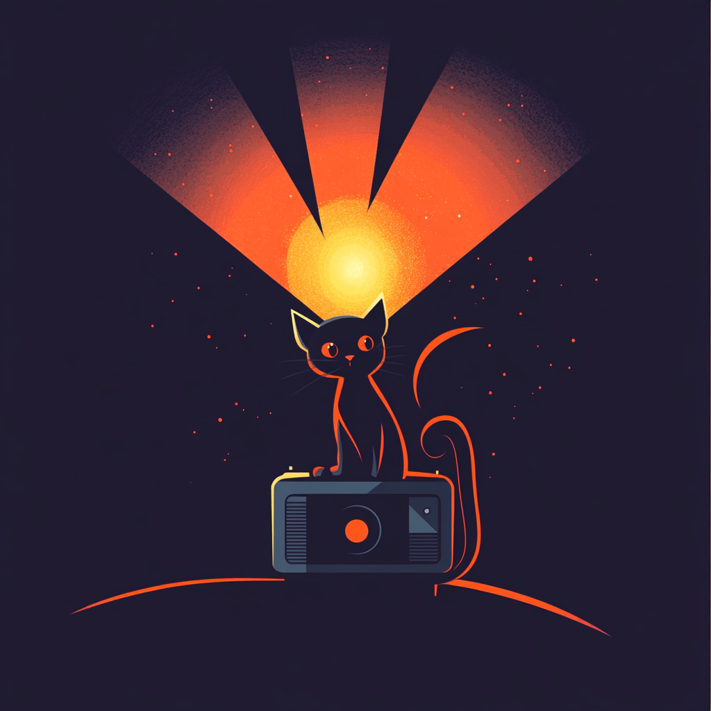 Cat sitting in front of movie projector, minimalist logo.