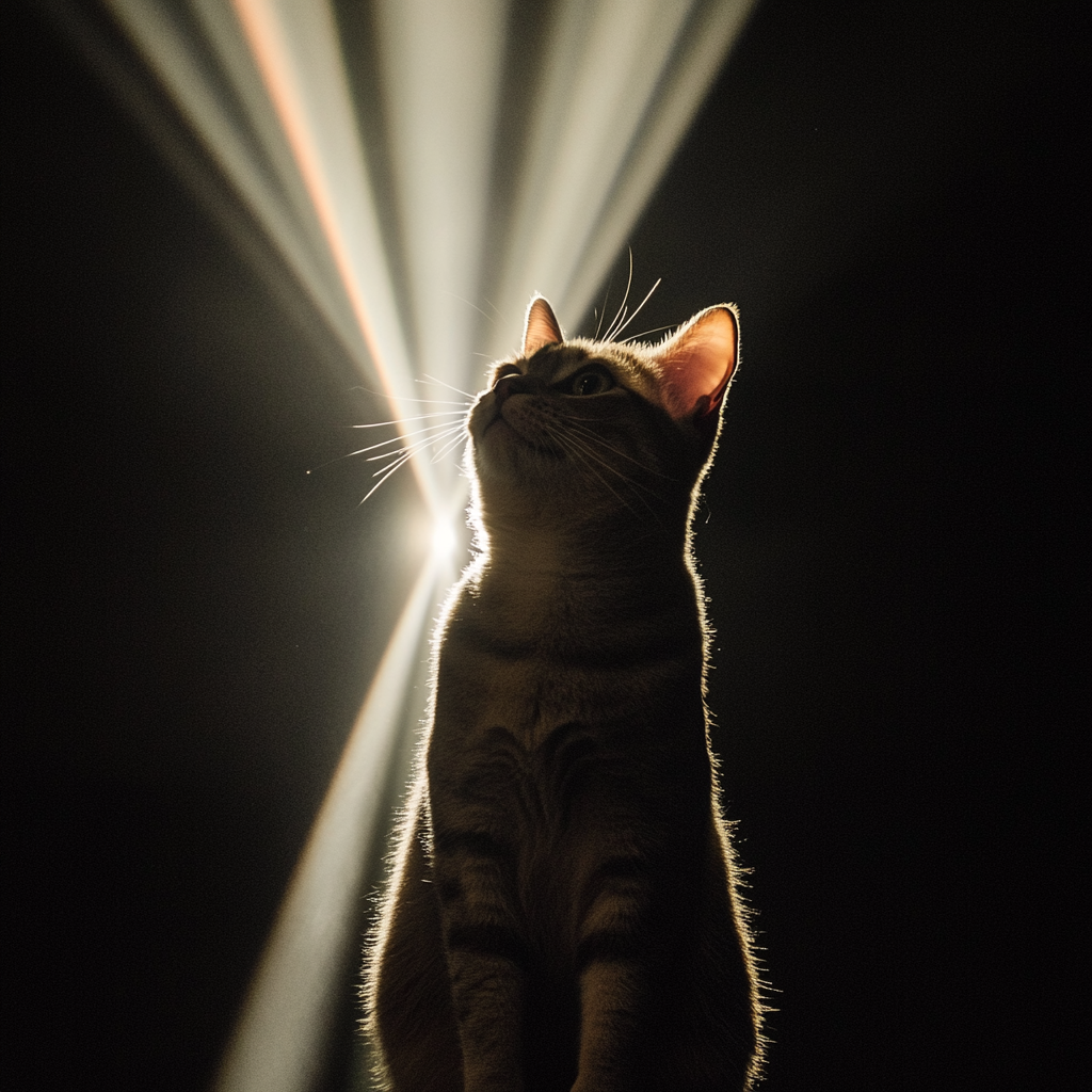 Cat sitting in front of projected light, minimalist logo.