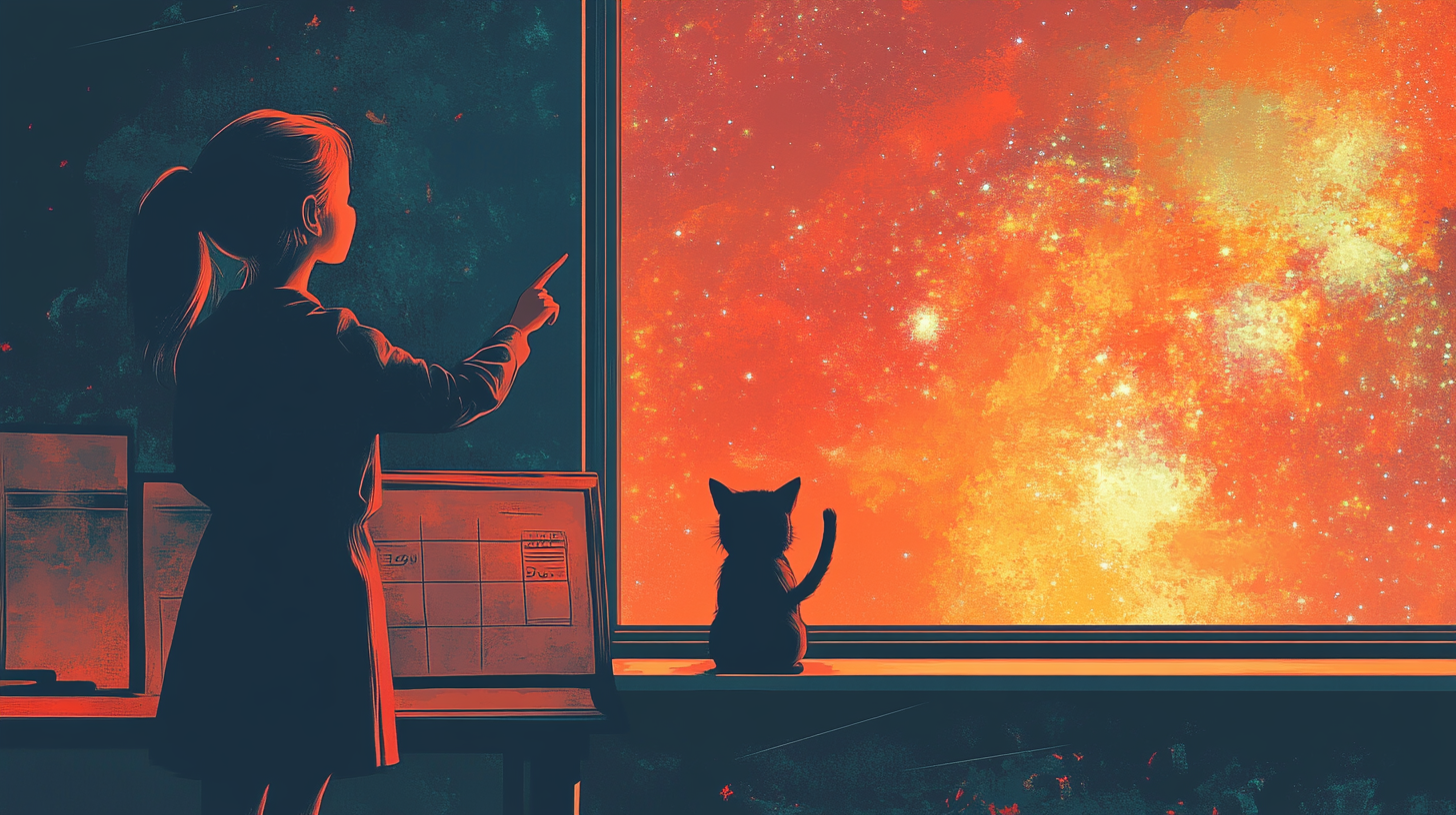 Cat teacher in Moebius style classroom with cosmic view.