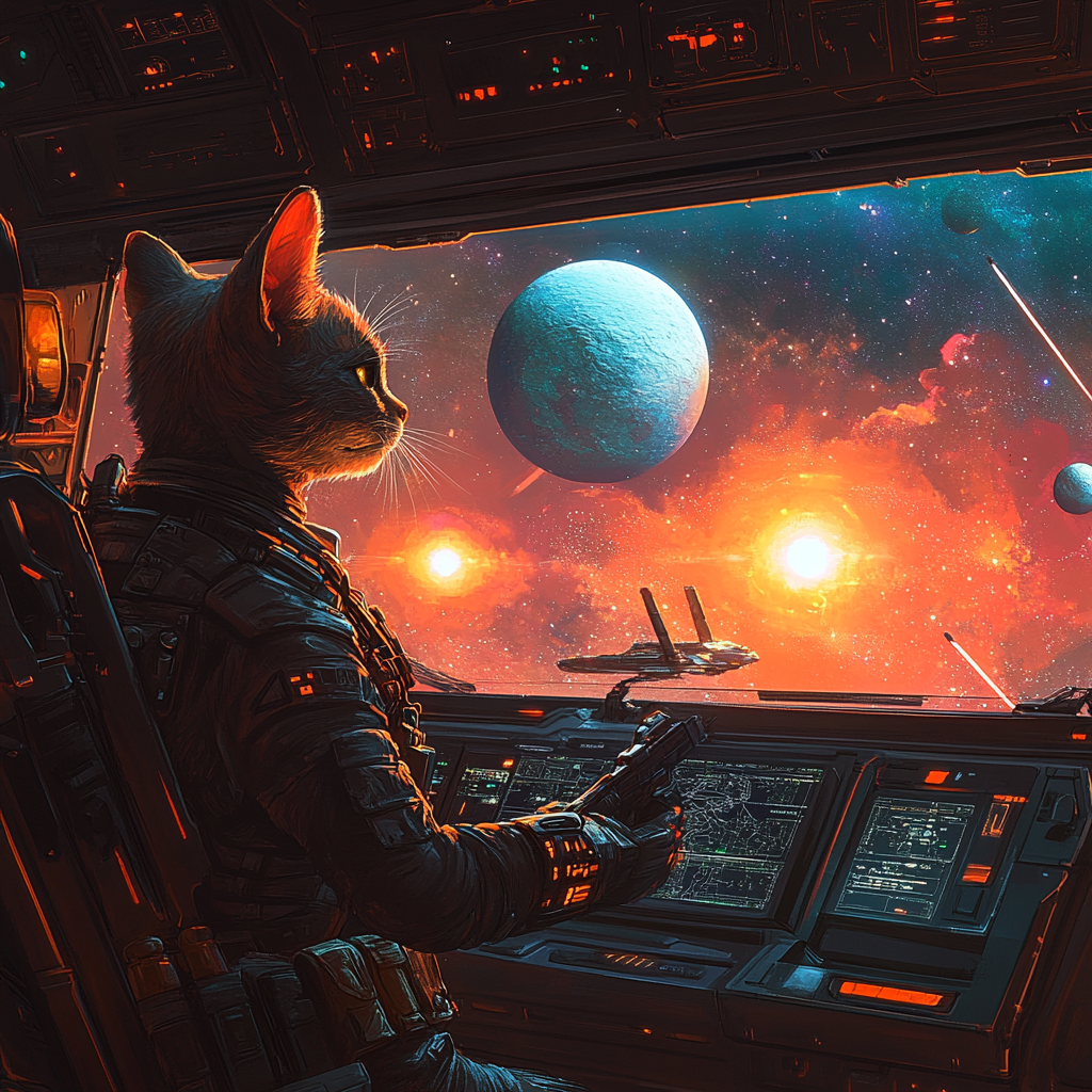 Cat warrior on spaceship bridge, viewing binary star system.