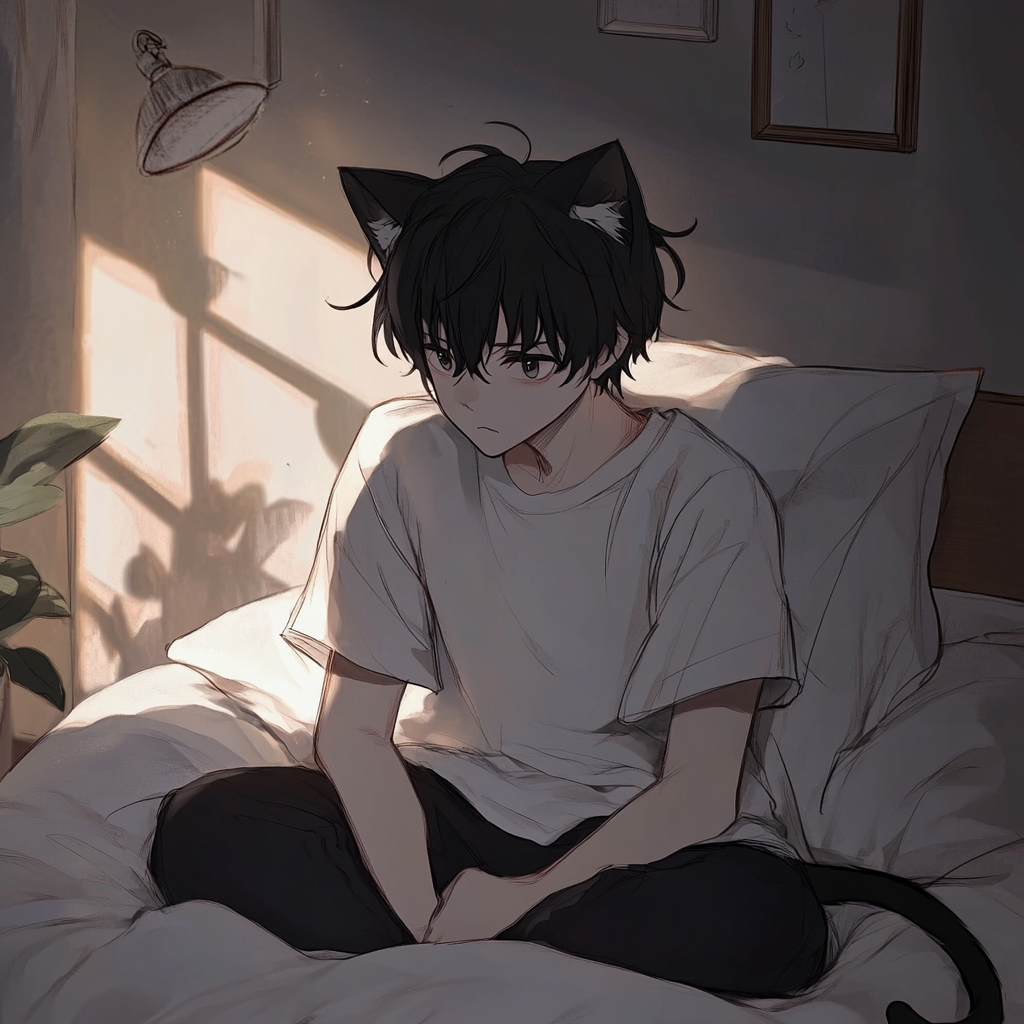 Catboy in oversized shirt cuddling pillow in bedroom.