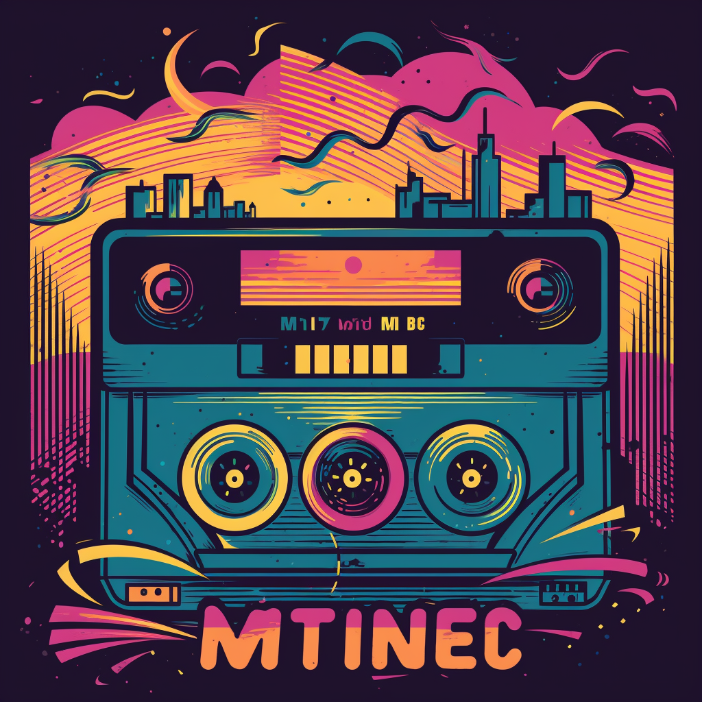 Catchy slogan 'Music is My Time Machine' with retro cassette tape surrounded by colorful soundwaves.