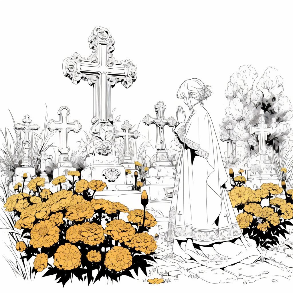 Catholic Prayer in Graveyard: Anime Marigold Flowers