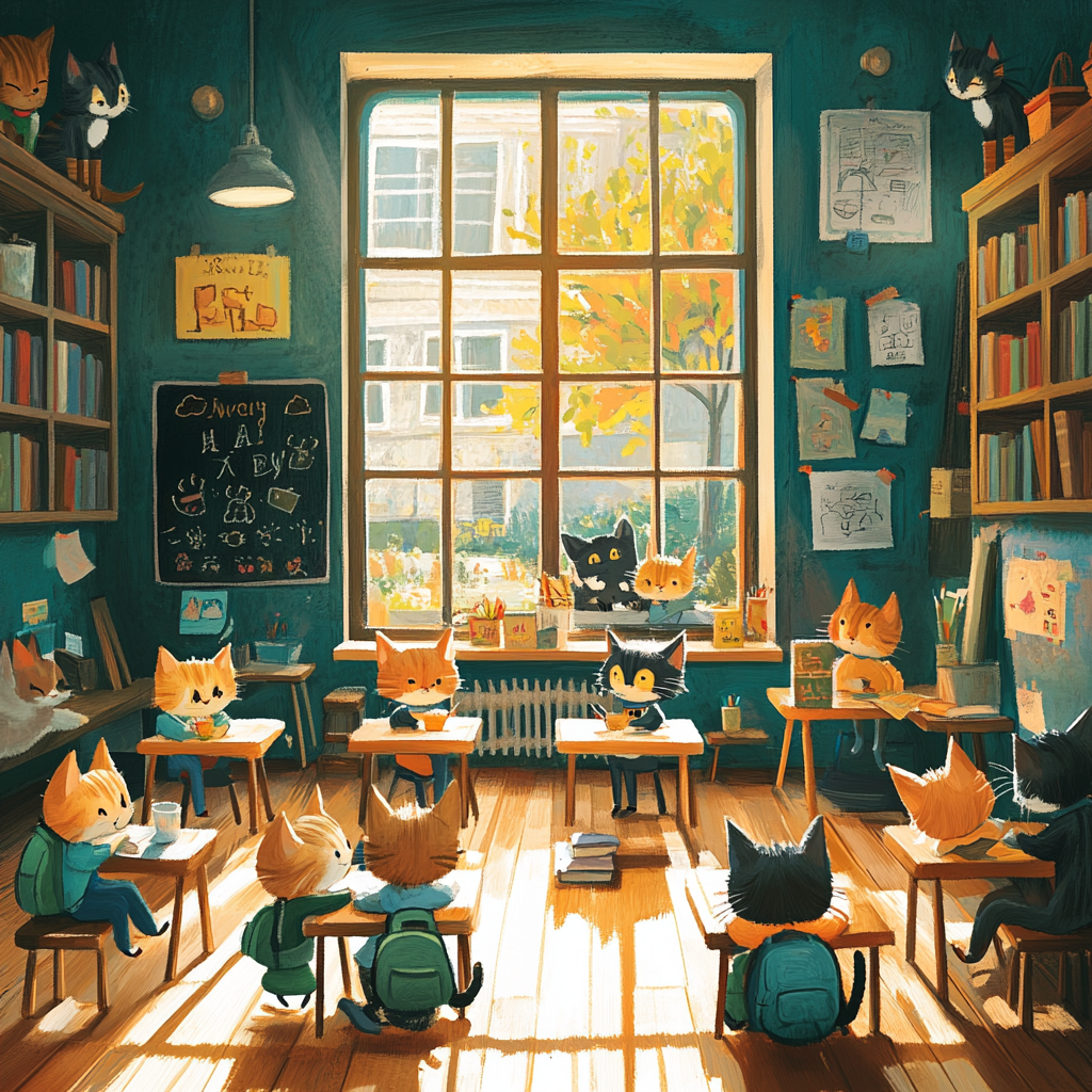 Cats' First Day of School in Colorful Classroom 