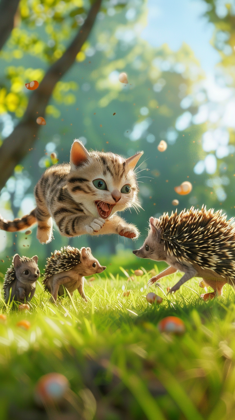 Cats, hedgehogs playing happily under the sun.