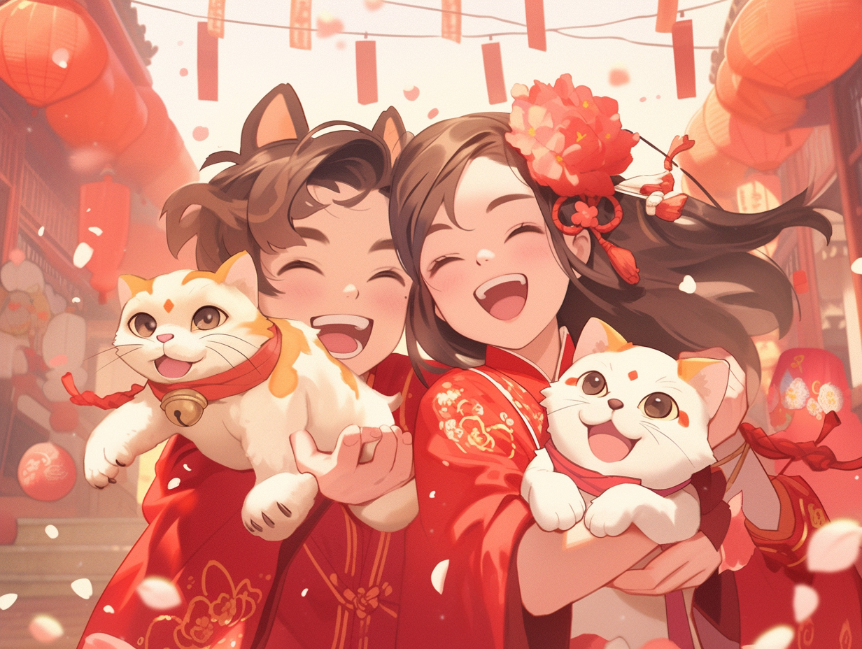 Playful cats enjoying Chinese spring festival