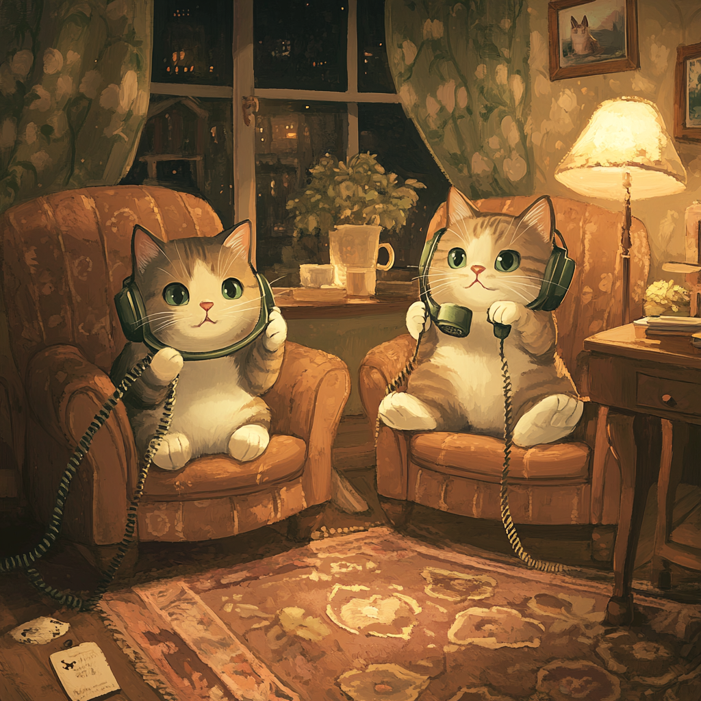 Cats Talking on Vintage Phones in Cozy Spaces