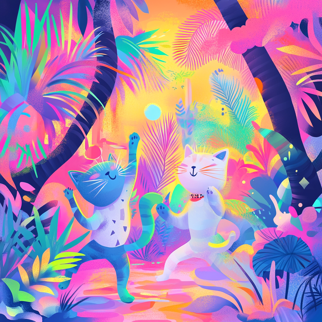 Cats dancing in colorful jungle with funky outfits.