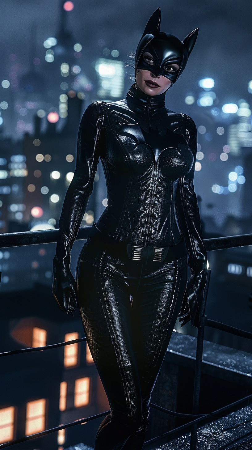 Catwoman standing on rooftop in Gotham City at night.