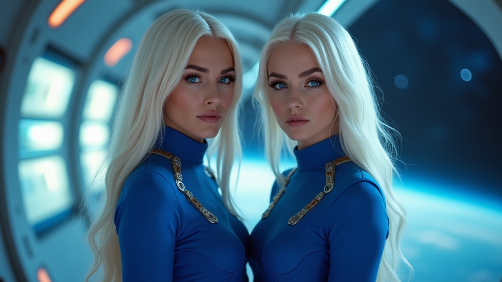 Caucasian Couple Orbiting Earth in Blue Starship Uniforms