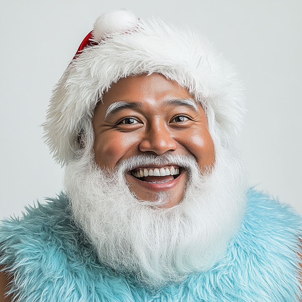 Caucasian Santa in blue costume and white beard