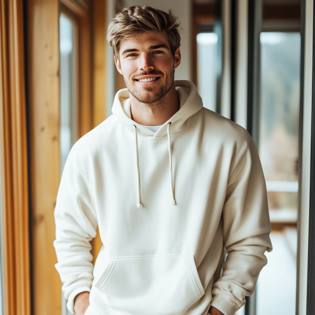 Caucasian male model wearing Gildan 18500 Hoodie indoors.