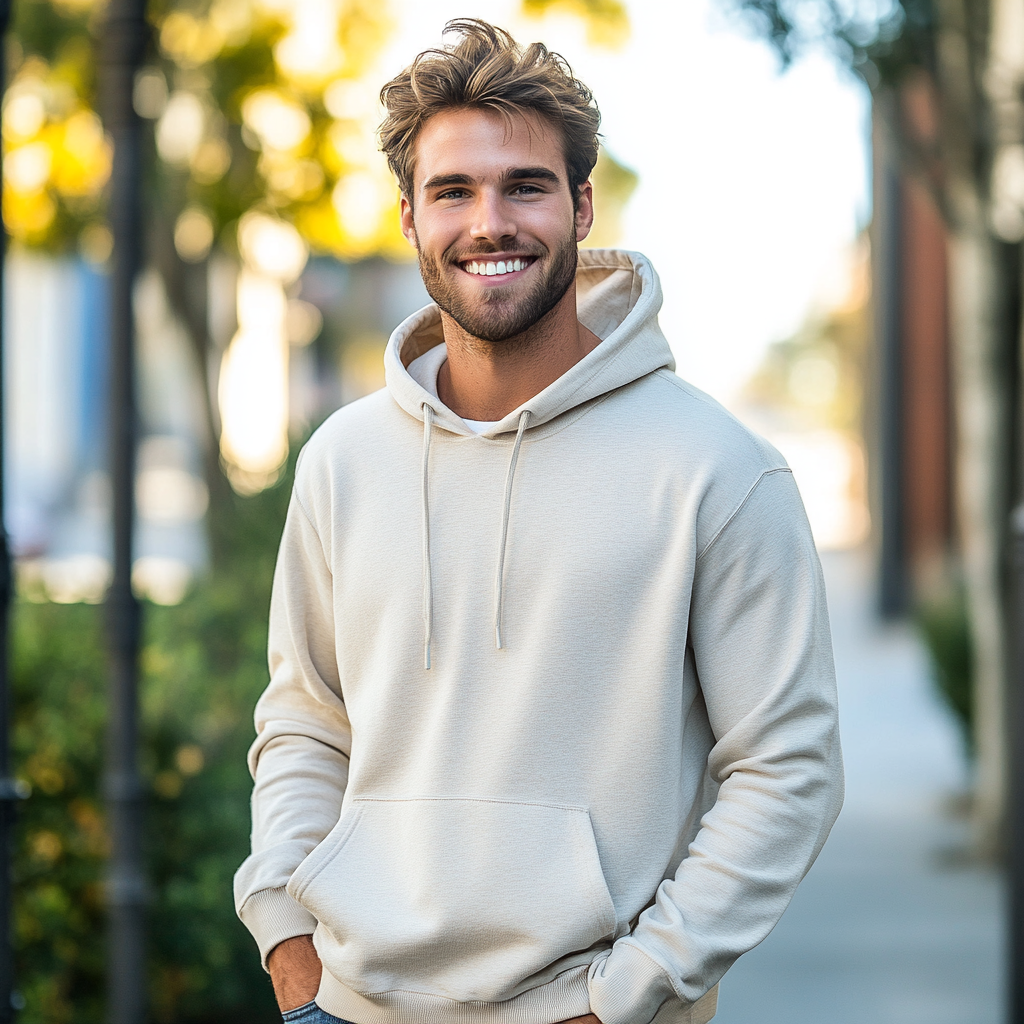 Caucasian male model wearing Gildan 18500 Hoodie outdoors