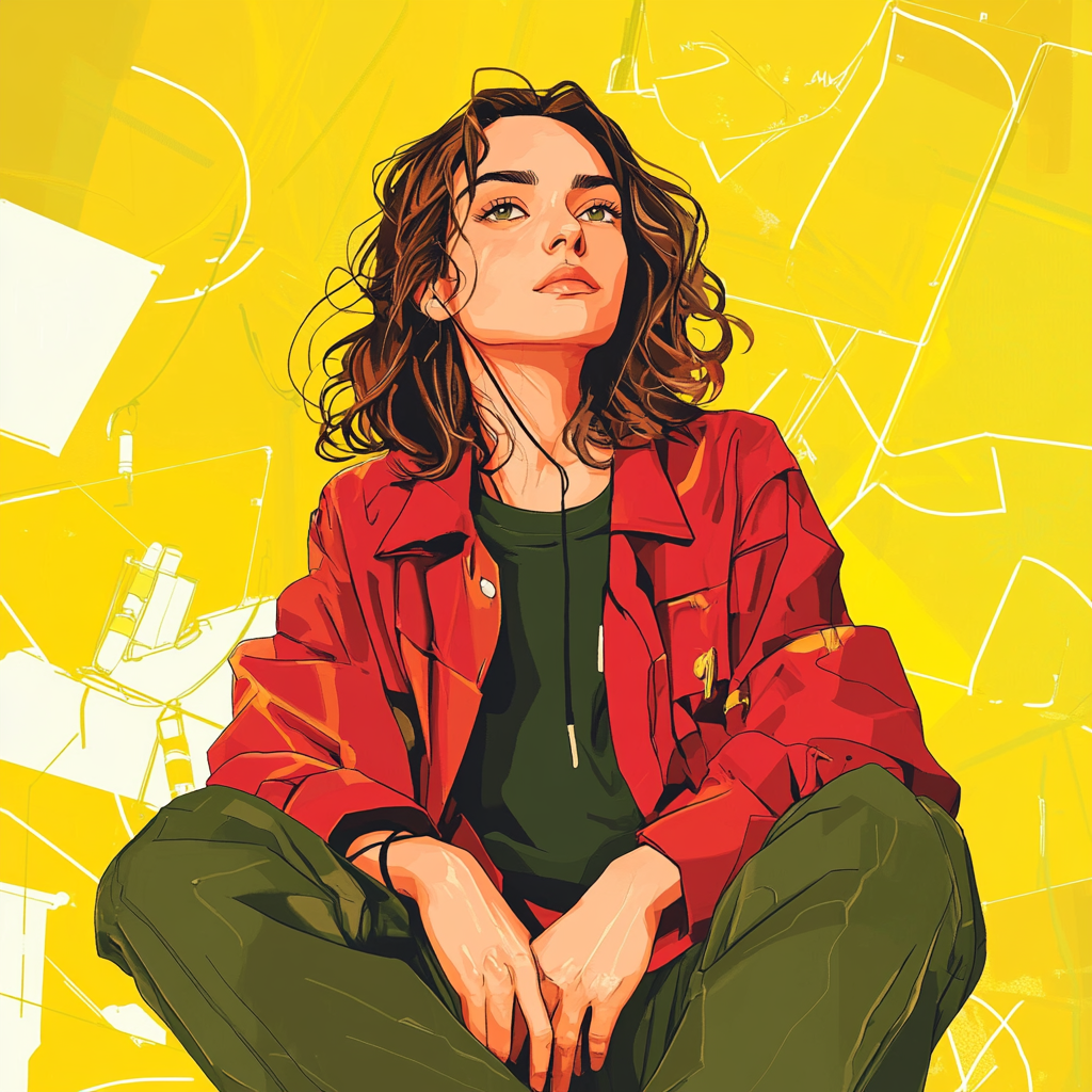 Caucasian woman in red trench coat, green t-shirt. Hero pose, anime style, abstract yellow background shapes.