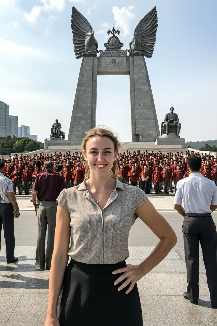 Caucasian woman poses in front of North Korean landmark.