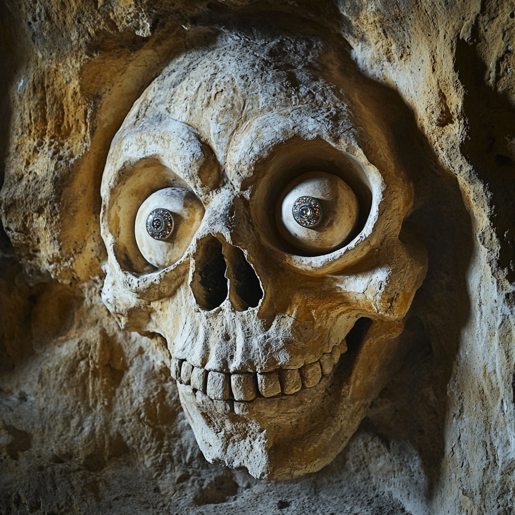 Cave wall carving: Grinning skull with jeweled eyeball.