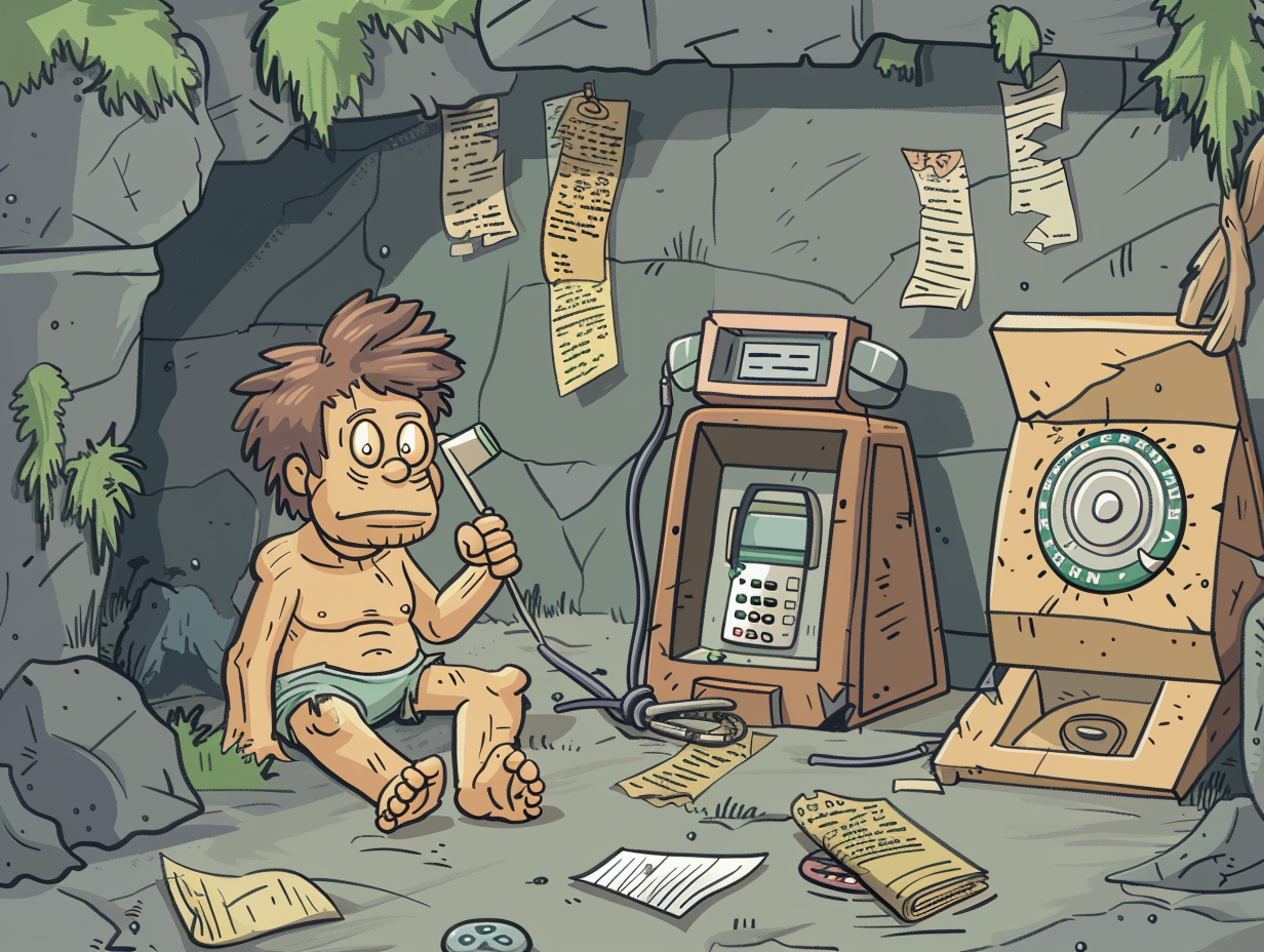 Caveman confused by old objects from time machine.