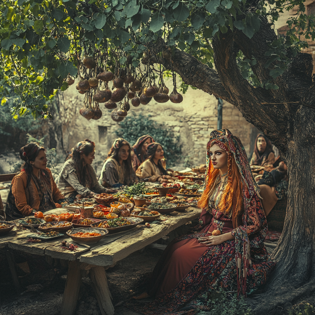 Celebrating with Georgian feast dishes under fig.