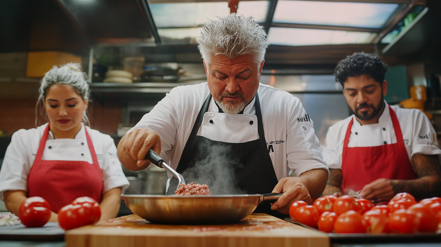 Celebrity chef Guy Fieri cooking in TV kitchen