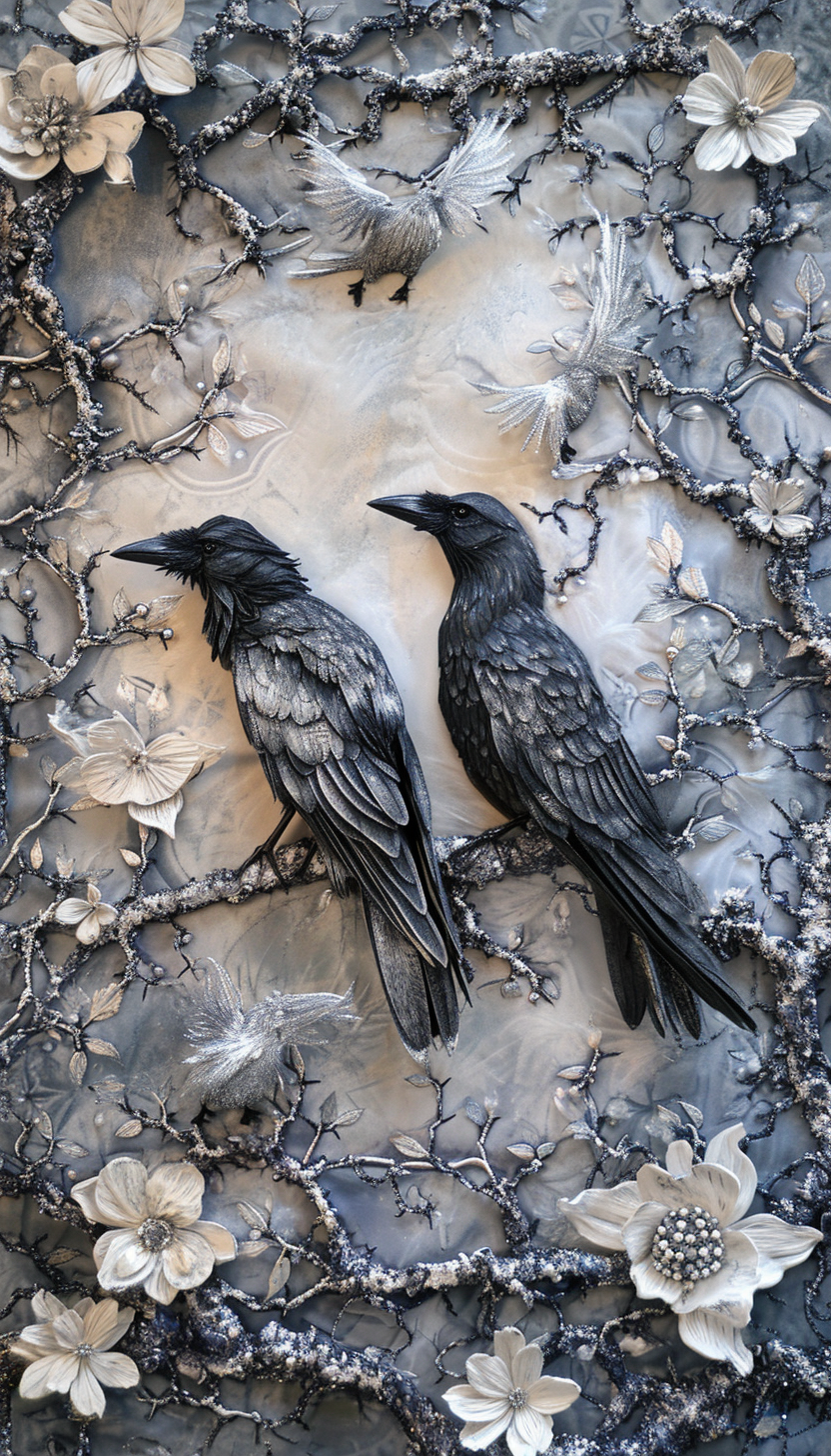 Celestial Shadows Starlit Crows 3D Embroidered Pattern