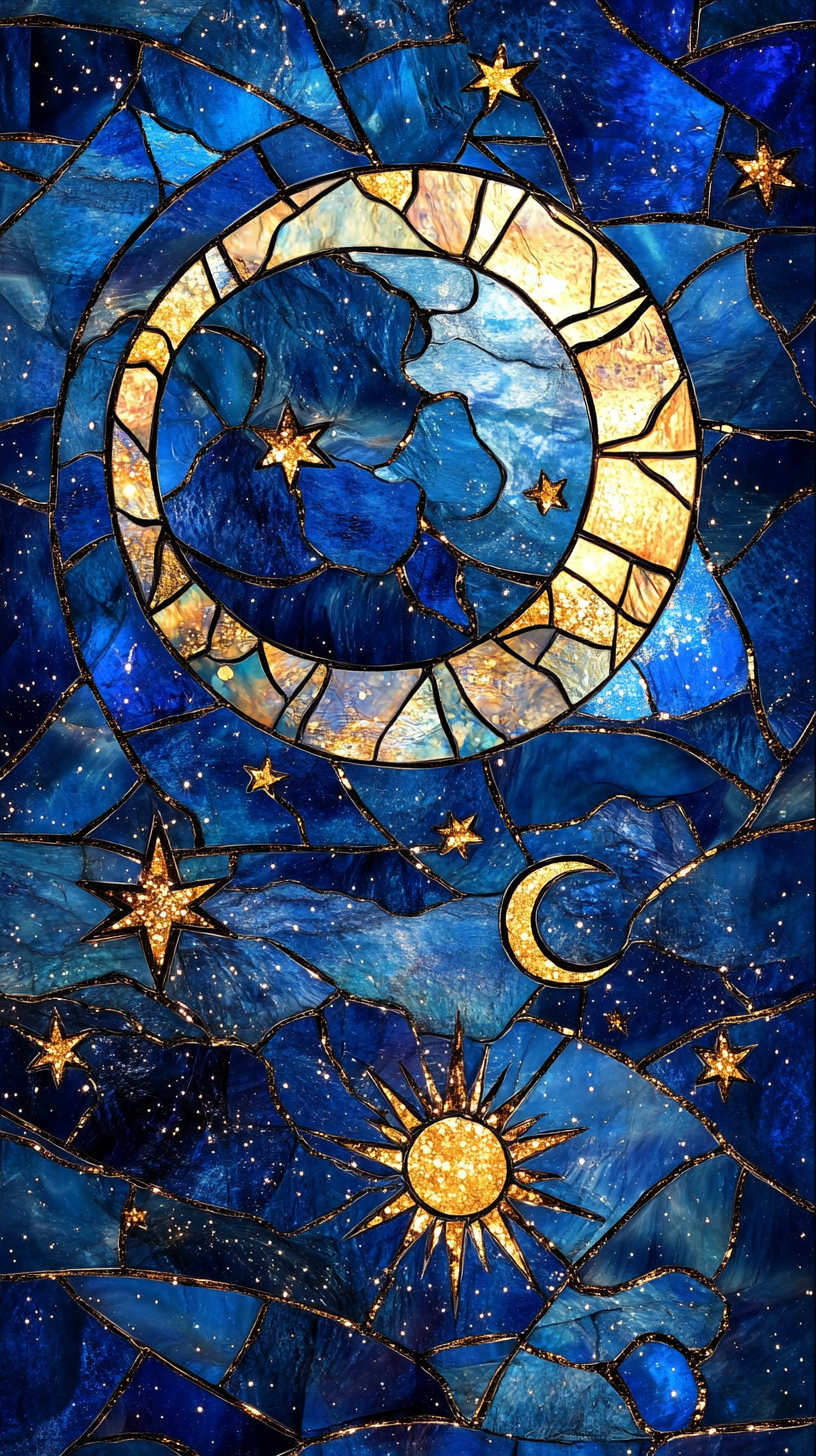 Celestial stained glass style depicts night sky beautifully.