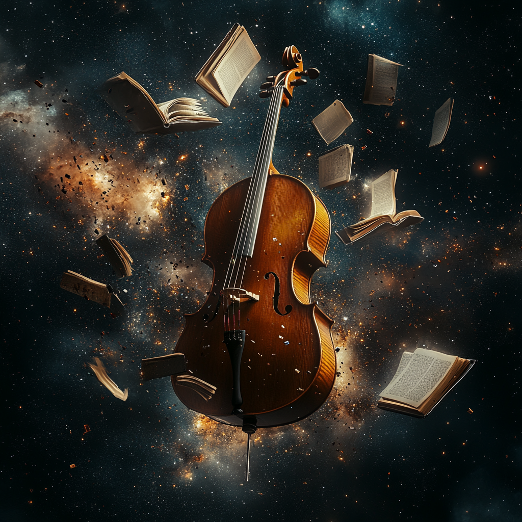 Cello and books floating in outer space with light.