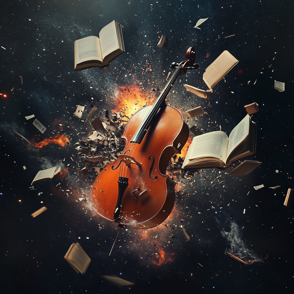 Cello explodes with books in space, minimalist vertical design.