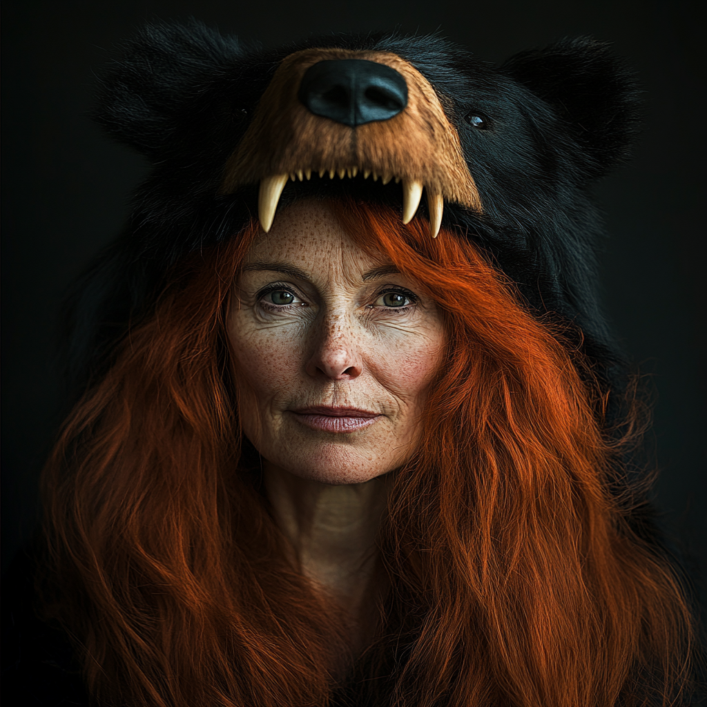 Celtic woman wearing bear headdress stares into camera at night.