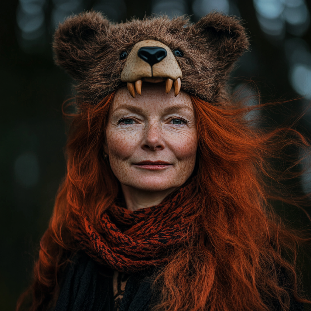 Celtic woman with red hair in bear headdress at night.