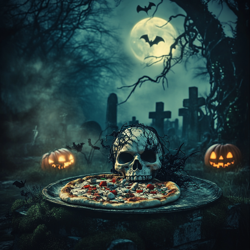 Cemetery Pizza Party: Spooky Skull and Festive Fun