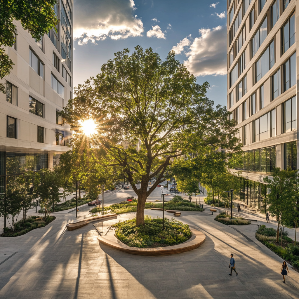 Central garden between modern buildings, sunny weather and urban life.