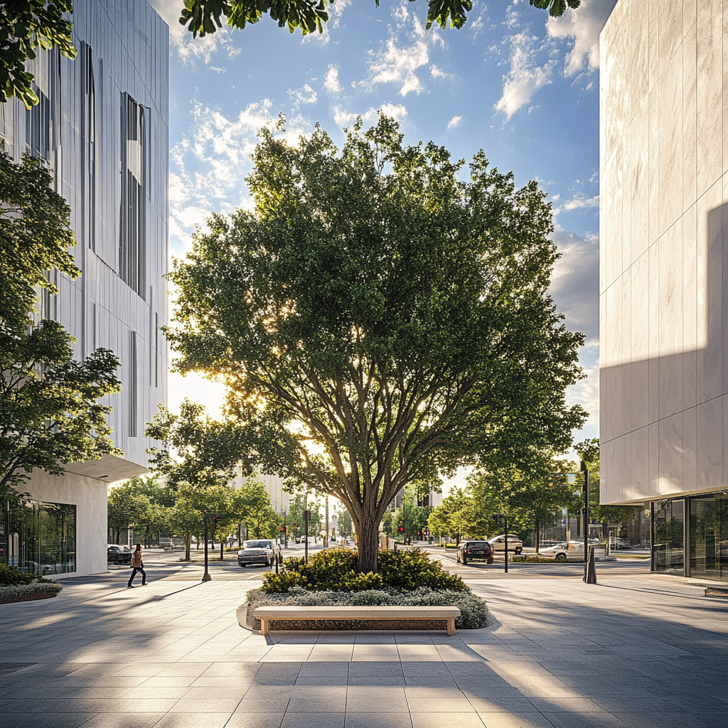 Central garden with minimalist buildings in a modern city.