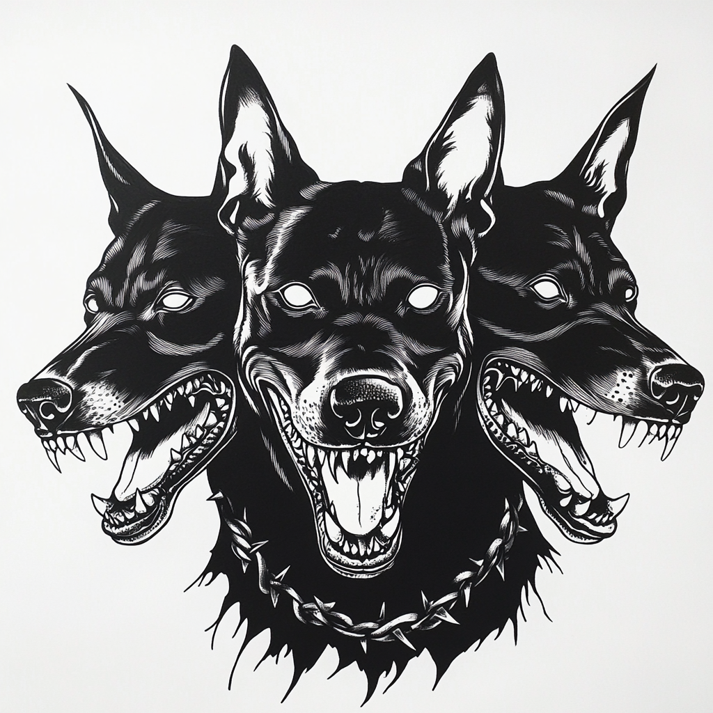 Cerberus stencil of three Doberman heads snarling