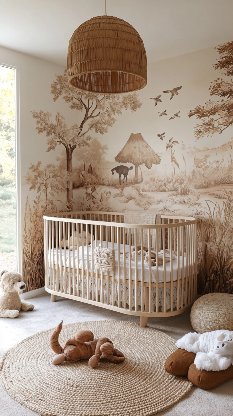 Chambre de bébé bohème avec décor naturel et animaux.