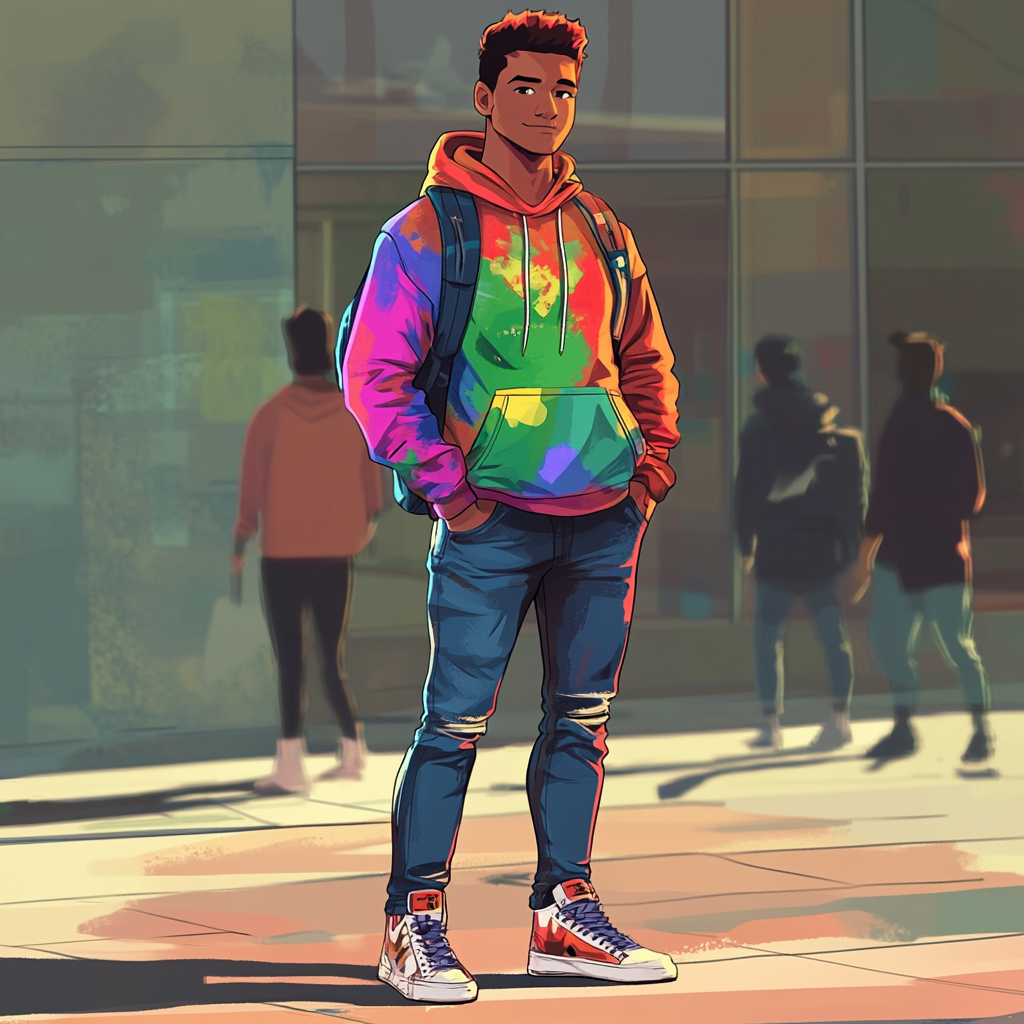 Chameleon university student superhero blends in with surroundings.