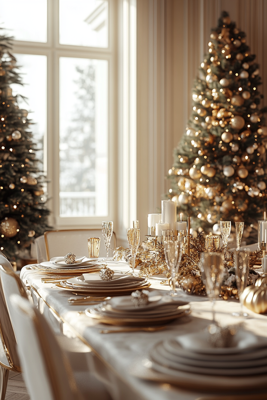 Champagne Christmas dining room set: elegant, sophisticated feast