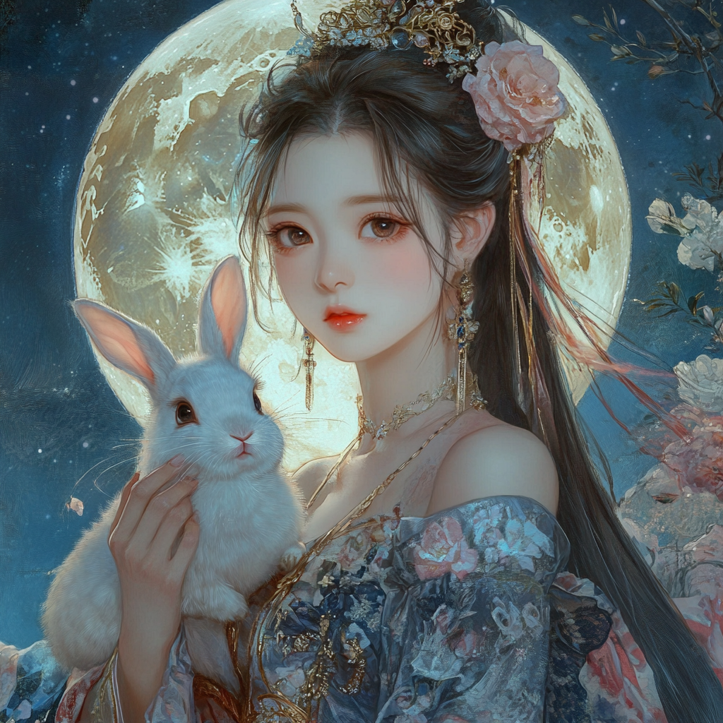 Chang e holds a rabbit by a big moon