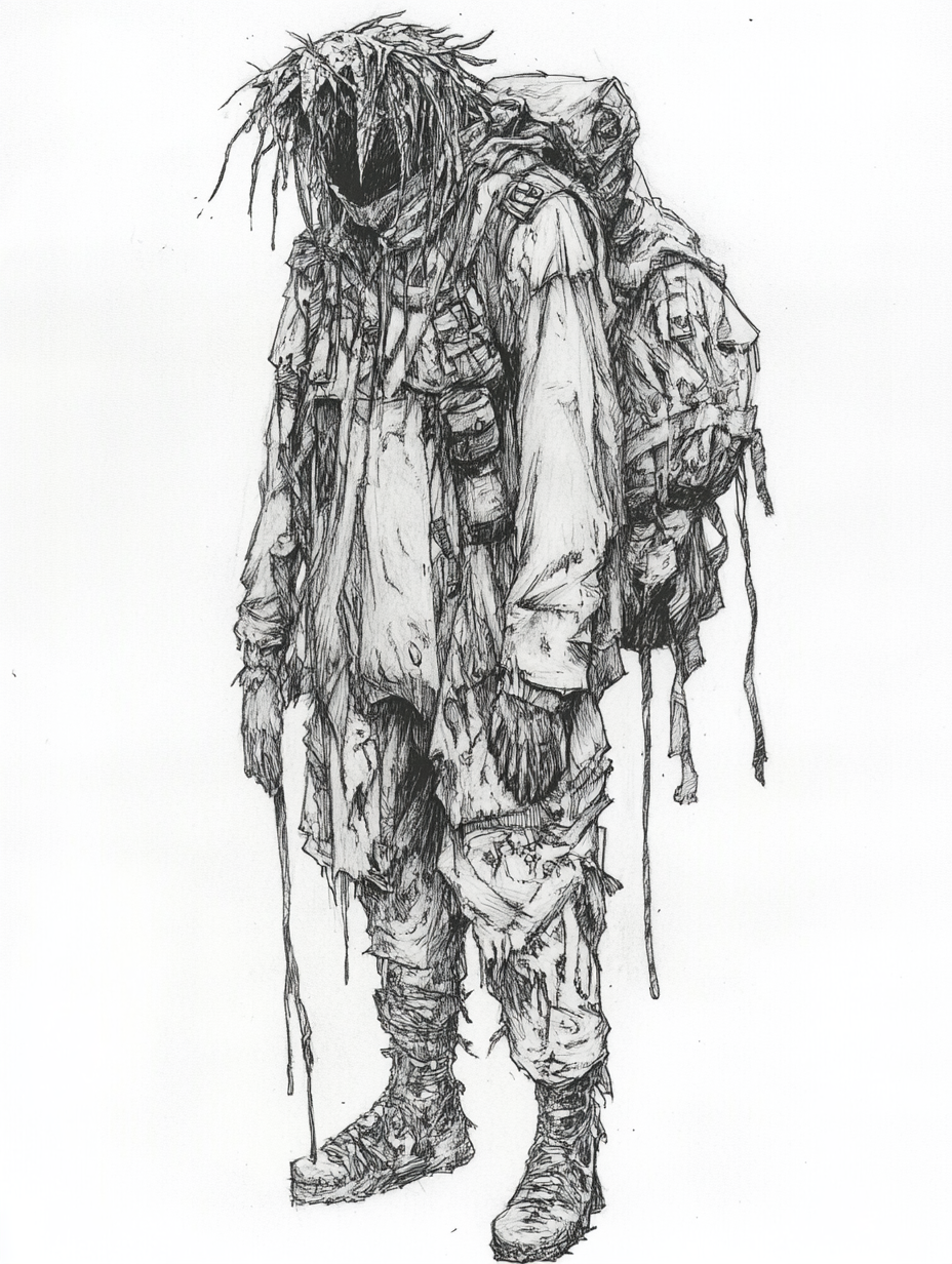 Chaotic, rough sketch of survivor in post-apocalyptic world.