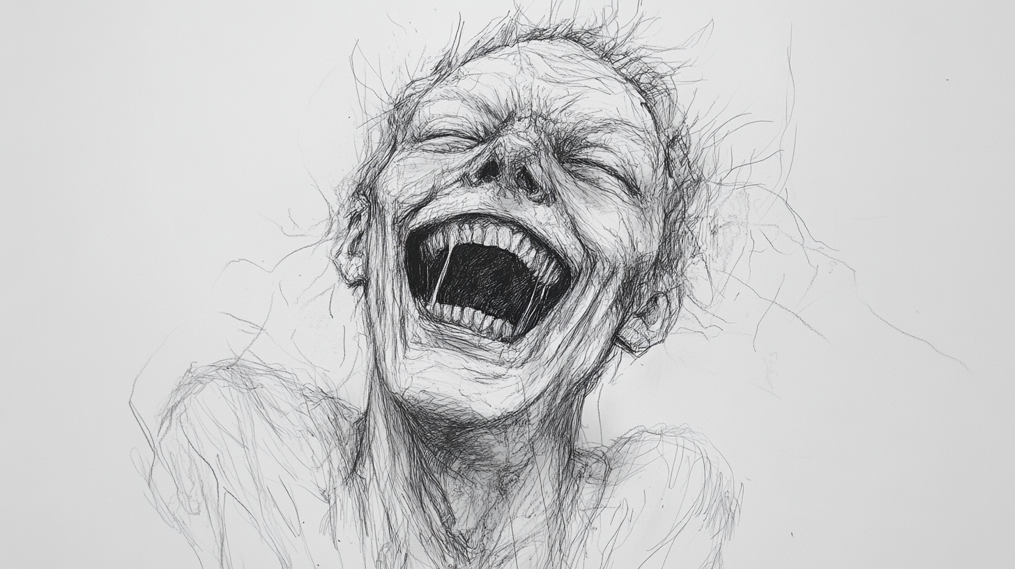 Chaotic Laughter Sketch, Wide Grin, Tears, Eerie 