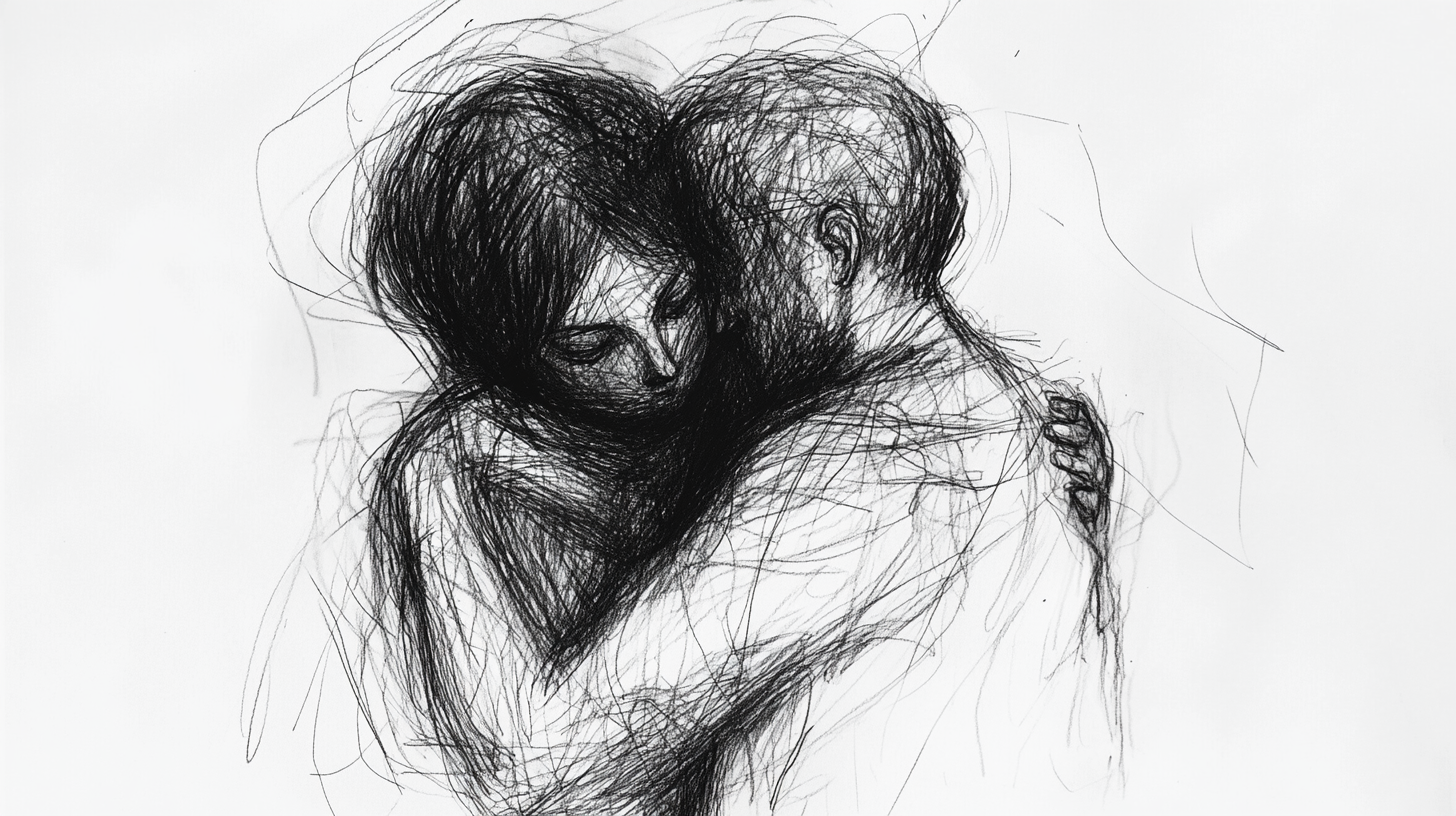 Chaotic Pencil Sketch Embracing Loved One Unease 