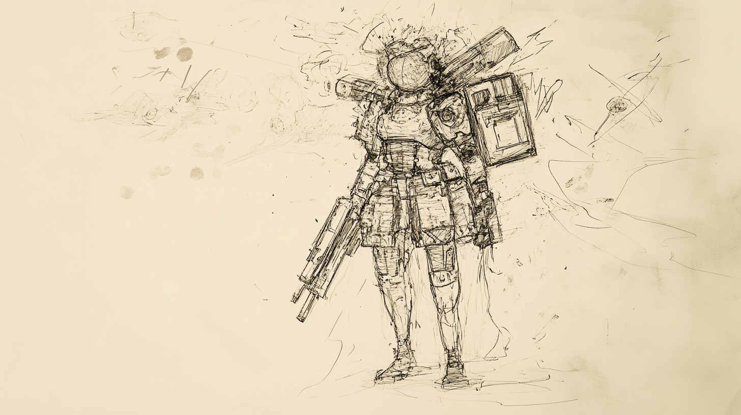 Chaotic sketch of game protagonist in eerie environment.