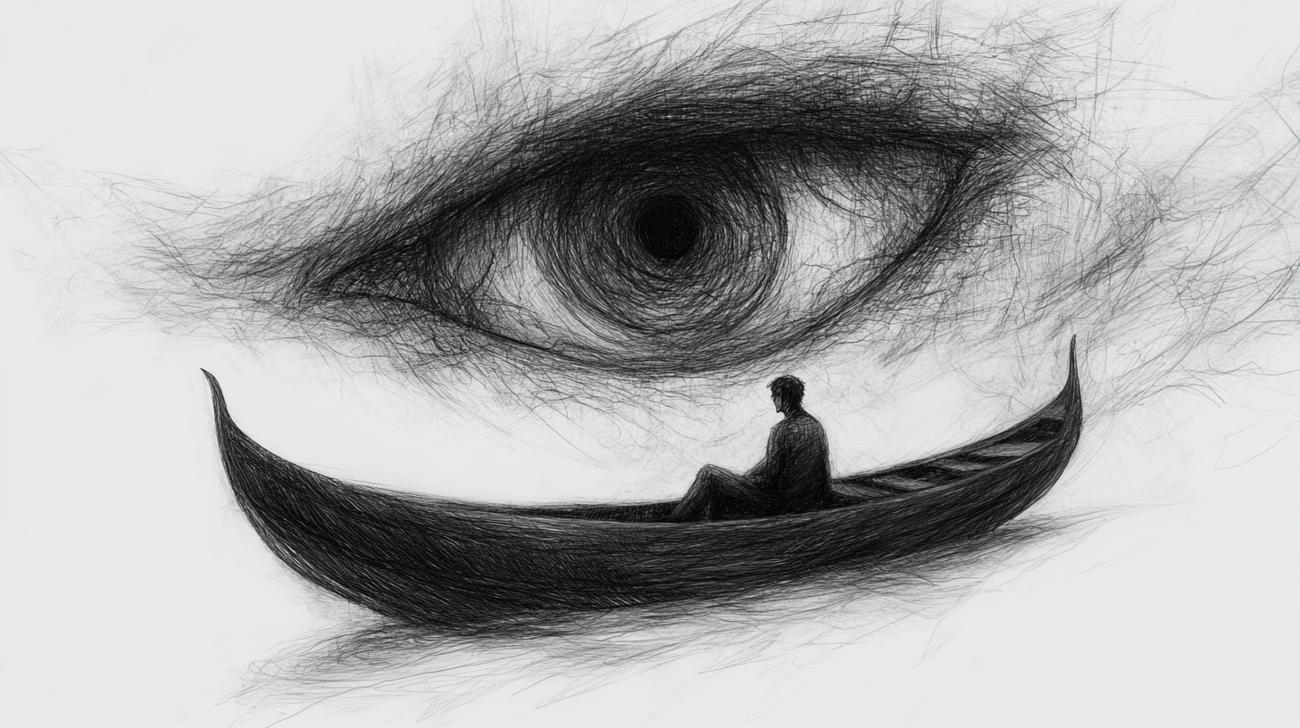 Chaotic sketch of protagonist in eerie, mysterious world, eye-like presence.