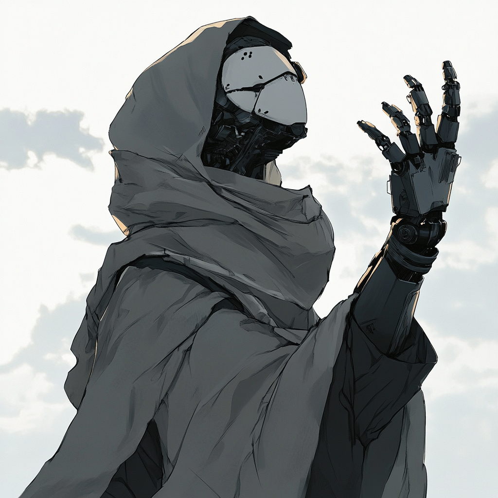 Character design in anime style wearing cloak and mask.