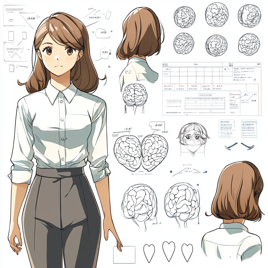 Character sheet of 25-year-old psychology teacher with warm expression.